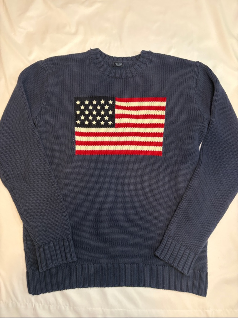 John Galt Navy Iconic American Flag Crew Neck Sweater Chunky Knit Classic July 4 - Picture 2 of 5